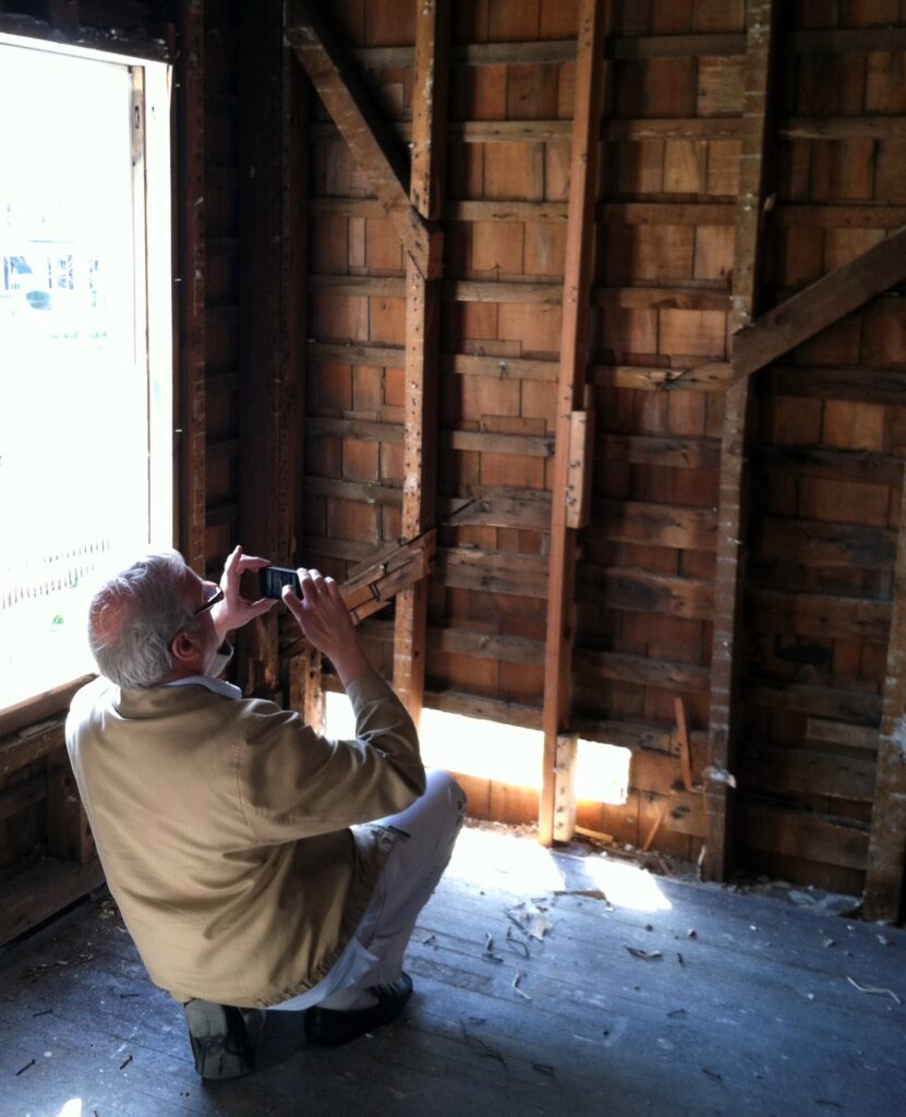 Southampton Town Historian and architectural historian Zach Studenroth documenting the Weathervane in 2012, a project funded by the Society. The study uncovered the early 18th century core of the building, confirming it was the original Jessup family homestead. Southampton Town Historian and architectural historian Zach Studenroth documenting the Weathervane in 2012, a project funded by the Society.