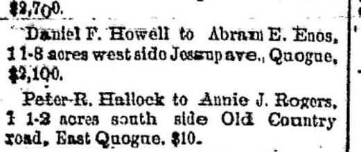 Newspaper clipping recording Daniel F. Howell's sale of land on the west side of Jessup Avenue to Abram E. Enos