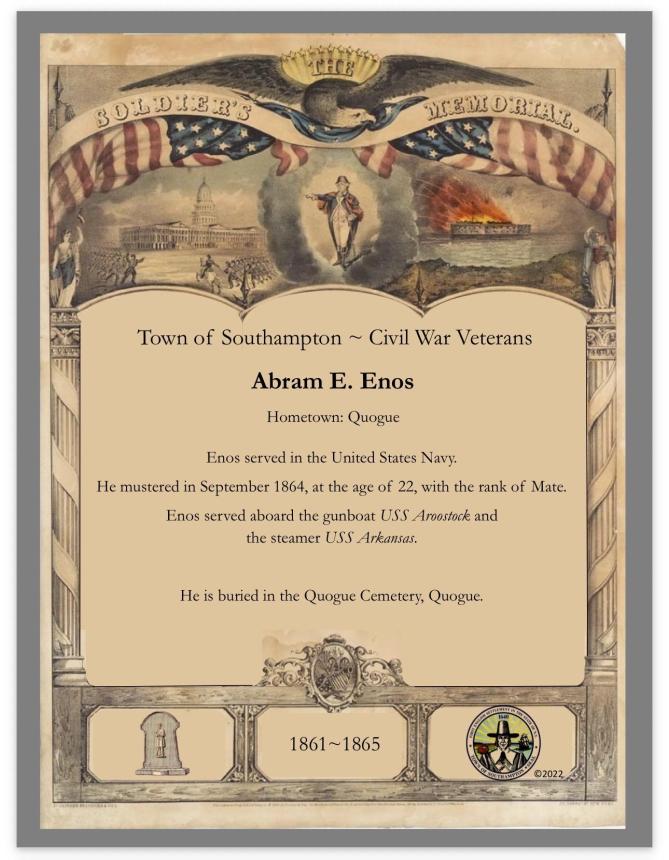 Illustrated Soldier's Memorial certificate for Abram E. Enos of Quogue who served in the U.S. Navy during the Civil War