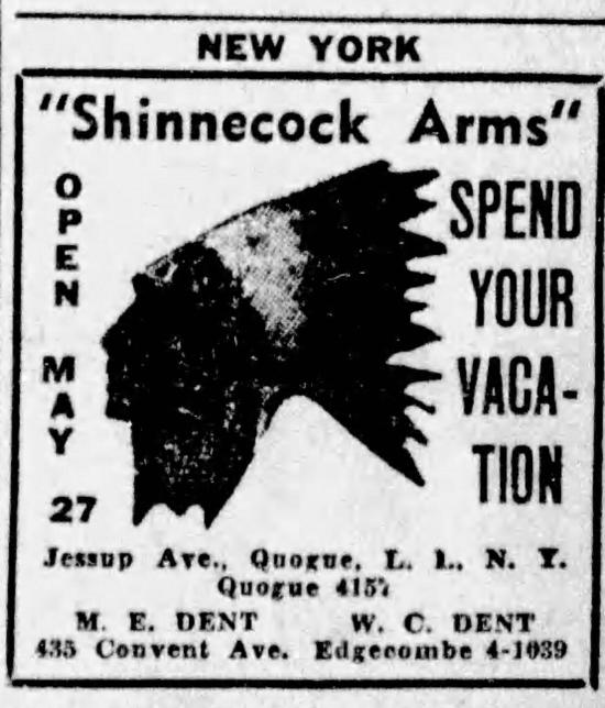 Newspaper advertisement for the Shinnecock Arms on Jessup Avenue Quogue with a stylized profile graphic reading Spend Your Vacation