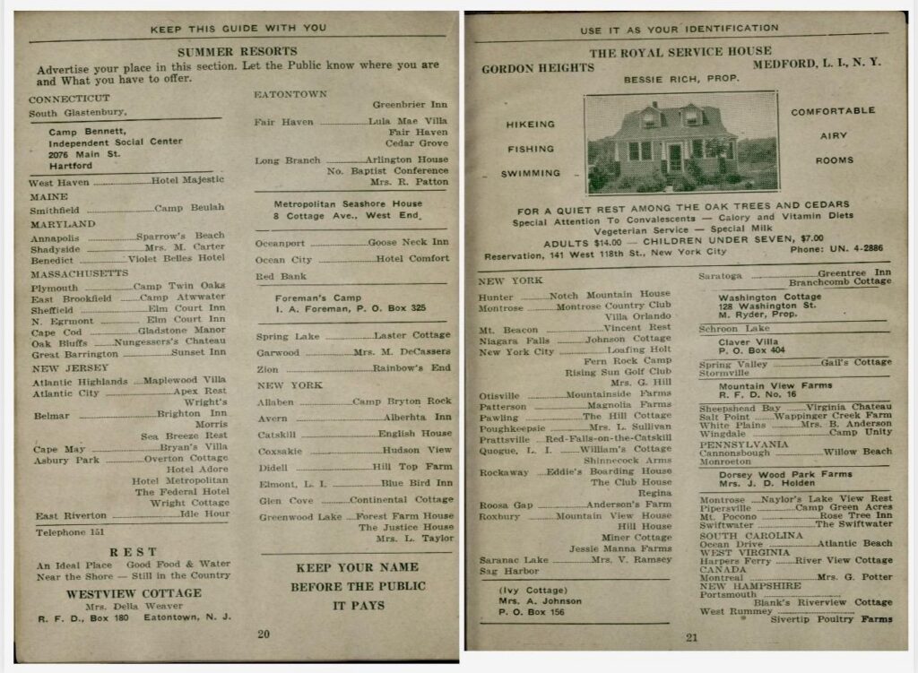 Interior page of the 1938 Green Book listing summer resorts by state