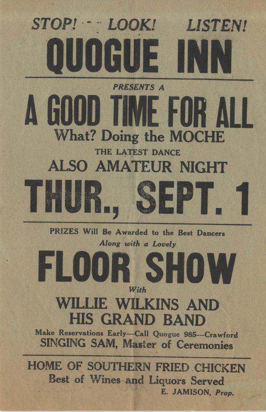 Vintage flyer for the Quogue Inn presenting Harlem's Brown Dandies with music and dancing